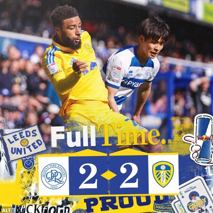 英冠榜首利兹联连追两球2-2战平QPR,近4轮仅1胜领先优势缩小